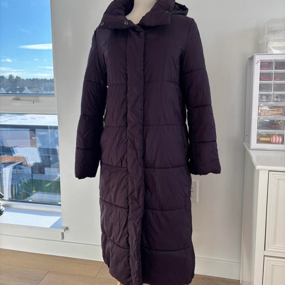 Banana Republic Plum Purple Warm Nylon Hooded Long Zip/Snap Puffer Coat Sz XS